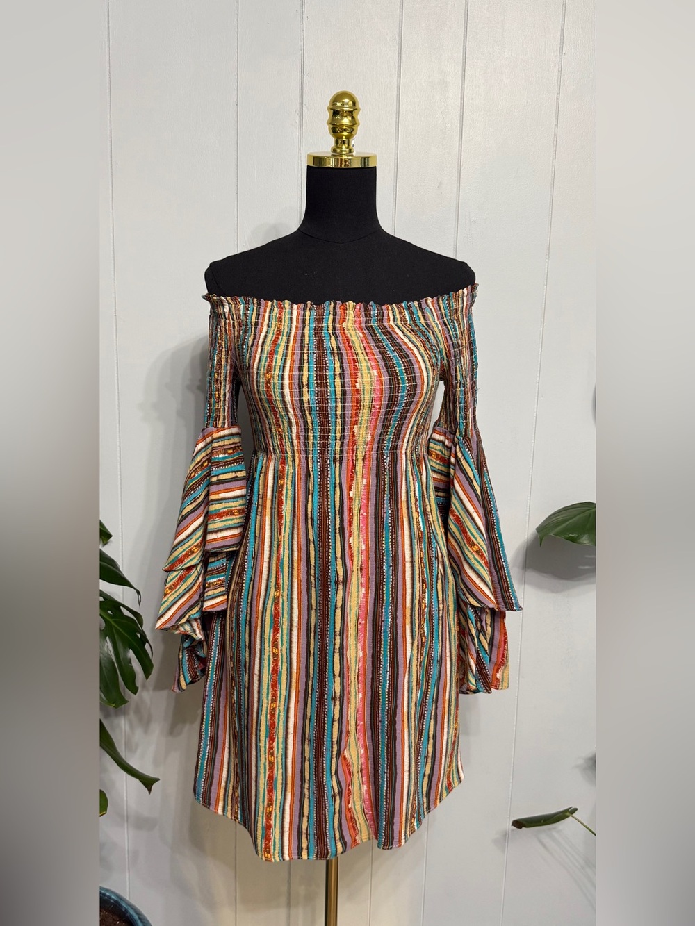 ILLA ILLA Multicolor Striped Off-Shoulder Bell Sleeve Mini Dress